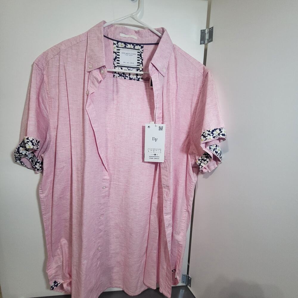 Denim & Flowers, pink, men's, relaxed button up, flower sleeve trim, new